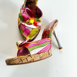 Vintage Italian Vibrant Geometric Print Satin High Heeled Mules Cork Base Pink
